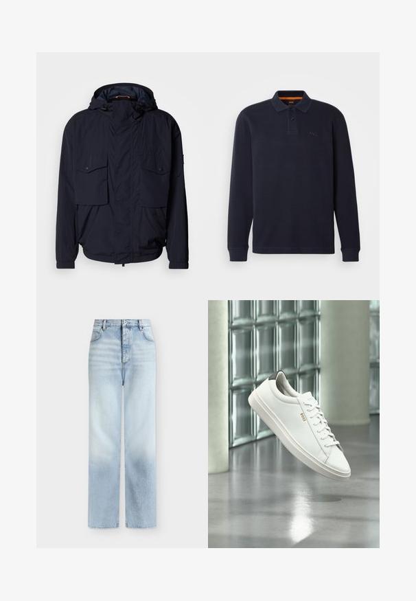 Veste légère bleu marine avec capuche, deux poches à rabat et poignets élastiques. Fabriquée en tissu doux et texturé avec une coupe décontractée.; Polo shirt à manches longues bleu marine en tissu texturé avec une ouverture pour le col boutonnée. Présente un petit logo brodé sur la poitrine.; Jeans bleu clair taille haute à jambes droites, avec poches avant, passants de ceinture et fermeture par bouton.; Baskets basses en cuir blanc avec lacets, languette de talon noire et logo « BOSS », flottant à l'intérieur près d'un mur en blocs de verre et d'un sol poli.