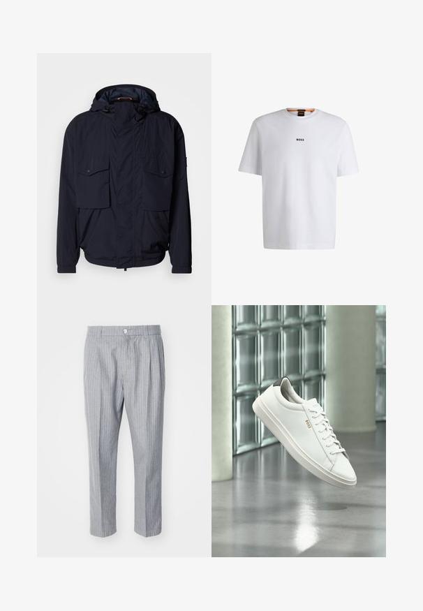 Marineblauwe lichtgewicht jas met een capuchon, twee klepzakken en elastische manchetten. Gemaakt van zachte, geweven stof met een relaxed fit.; Witte katoenen T-shirt met korte mouwen, voorzien van een zwart "BOSS"-logo in het midden van de borst en een ronde halsontwerp.; Grijze gestreepte broek met een geplooide voorkant, gemaakt van een lichtgewicht stof. Voorzien van een knoopsluiting en een recht model.; Witte leren lage sneaker met veters, zwarte hielstrook en "BOSS"-logo, zwevend binnenshuis bij een glazen stenen muur en gepolijste vloer.
