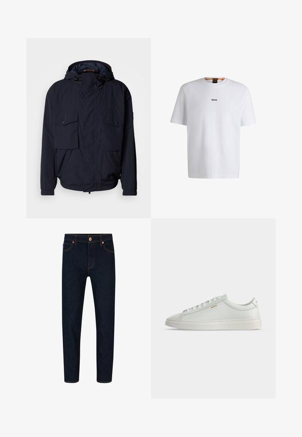 Marineblauwe lichtgewicht jas met een capuchon, twee klepzakken en elastische manchetten. Gemaakt van zachte, geweven stof met een relaxed fit.; Witte katoenen T-shirt met korte mouwen, voorzien van een zwart "BOSS"-logo in het midden van de borst en een ronde halsontwerp.; Donkerblauwe denim jeans met een slim fit, contrasterende oranje stiksels en een klassieke knoopsluiting. Voorzien van voorkruiden en taps toelopende benen.; Witte lage leren sneaker met veters, platte zool en klein gouden "BOSS" logo aan de zijkant, gezien vanaf de buitenkant.