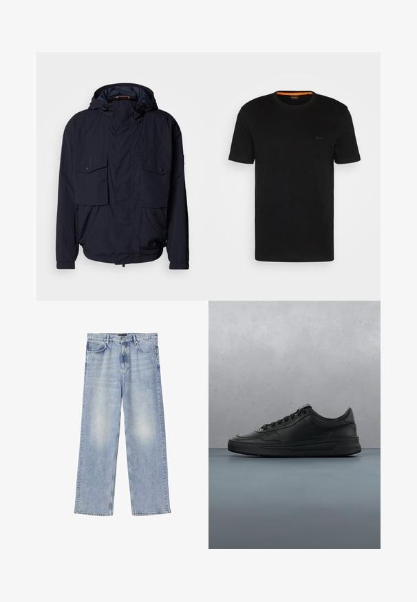 Marineblå letvægtsjakke med hætte, to klaplommer og elastiske manchetter. Fremstillet af blødt, struktureret stof med en afslappet pasform.; Sort kortærmet t-shirt lavet af blødt stof, med rund halsudskæring og et diskret logo på fronten. Indvendigt i kraven er der orange detaljer.; Lyseblå straight-leg denimjeans med fem lommer, bæltestropper og knaplukning.; Sort sneakers med glat læderoverdel, rund tå, flade snørebånd, polstret krave og minimalistisk design. Gummisål med subtilt mønster.