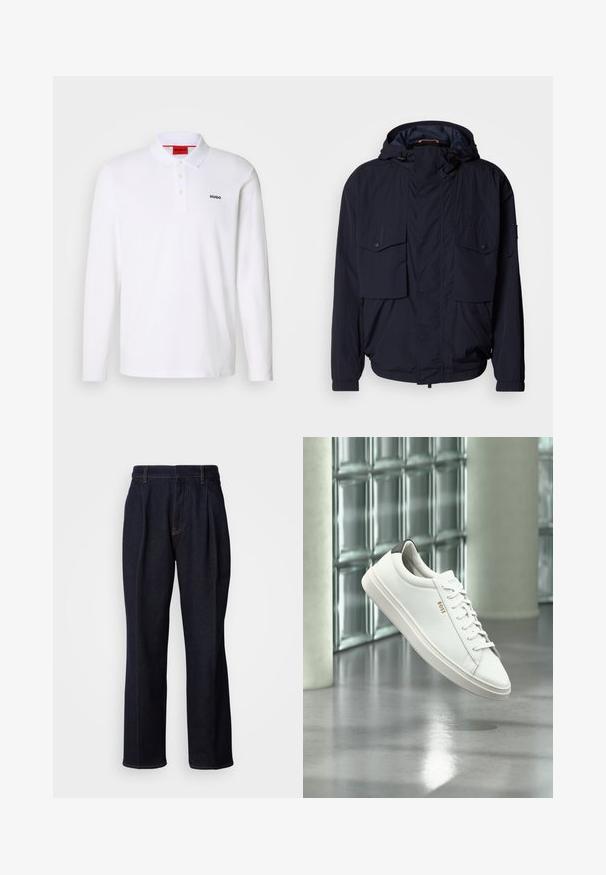 Marineblauwe lichtgewicht jas met een capuchon, twee klepzakken en elastische manchetten. Gemaakt van zachte, geweven stof met een relaxed fit.; Witte lange mouwen polo-shirt gemaakt van katoen, met een kraag, een drie-knops sluiting en een zwart "HUGO" logo op de linkerborst.; Donkerblauwe denim jeans met wijde pijpen, inclusief voorplooien en oranje stiksels, weergegeven op een witte achtergrond.; Witte leren lage sneaker met veters, zwarte hielstrook en "BOSS"-logo, zwevend binnenshuis bij een glazen stenen muur en gepolijste vloer.