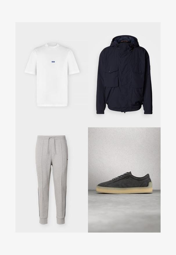 Marineblauwe lichtgewicht jas met een capuchon, twee klepzakken en elastische manchetten. Gemaakt van zachte, geweven stof met een relaxed fit.; Wit T-shirt met korte mouwen en een ronde hals met een klein blauw rechthoekig "HUGO"-logo gecentreerd op de borst.; Lichtgrijze taps toelopende sweatpants met elastische tailleband, trekkoord, zijzakken, verticale naden en geribbelde boorden bij de enkels.; Donkergrijze suède sneaker met lichtbeige zool, grijze veters, zwevend boven een gepolijste betonnen vloer bij een glazen tegelmuur.