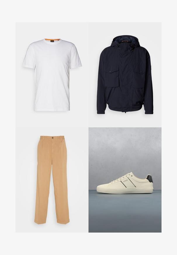 Marineblaue leichte Jacke mit Kapuze, zwei Klapptaschen und elastischen Bündchen. Hergestellt aus weichem, strukturiertem Stoff mit lässiger Passform.; Weißes Baumwoll-T-Shirt mit Rundhalsausschnitt, kurzen Ärmeln und einem dezenten geprägten Logo auf der Brust. Das Innenschild hat einen orangefarbenen Akzent.; Beige weite Hose aus weichem Stoff, mit zwei frontalen Taschen, einem Knopfverschluss und Bügelfalten entlang der Beine.; Cremfarbene Sneaker mit glatter Oberfläche, die schwarze Akzente und Markenlogo aufweisen. Klassisches Schnürdesign mit runder Zehenform und Gummisohle.