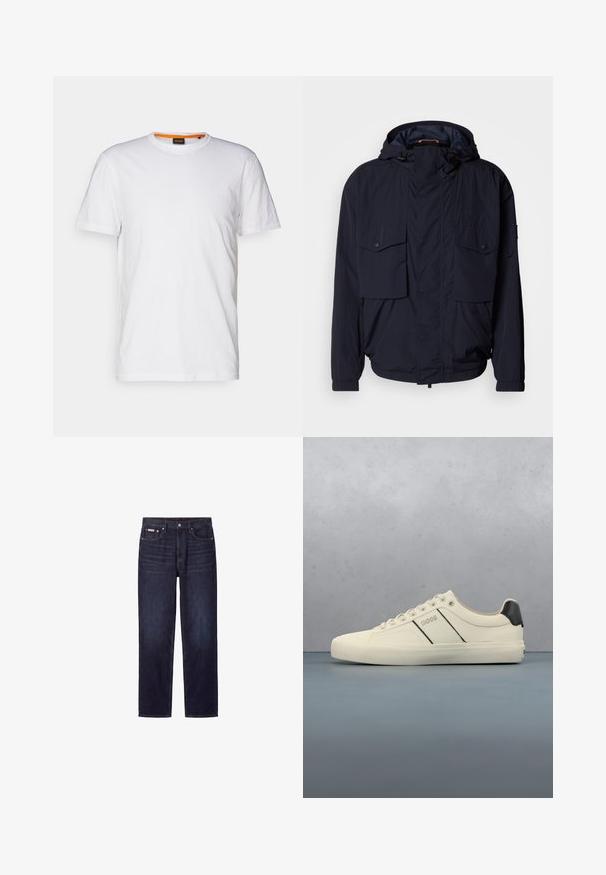 Marineblauwe lichtgewicht jas met een capuchon, twee klepzakken en elastische manchetten. Gemaakt van zachte, geweven stof met een relaxed fit.; Witte katoenen T-shirt met ronde hals, korte mouwen en een subtiel reliëflogo op de borst. Het binnenlabel heeft een oranje accent.; Donkerblauwe rechte spijkerbroek met vijf zakken, knoopsluiting en zichtbare stiksels.; Crème-kleurige sneakers met een gladde textuur, voorzien van zwarte accenten en branding. Tijdloos vetersysteem met een ronde neus en rubberen zool.