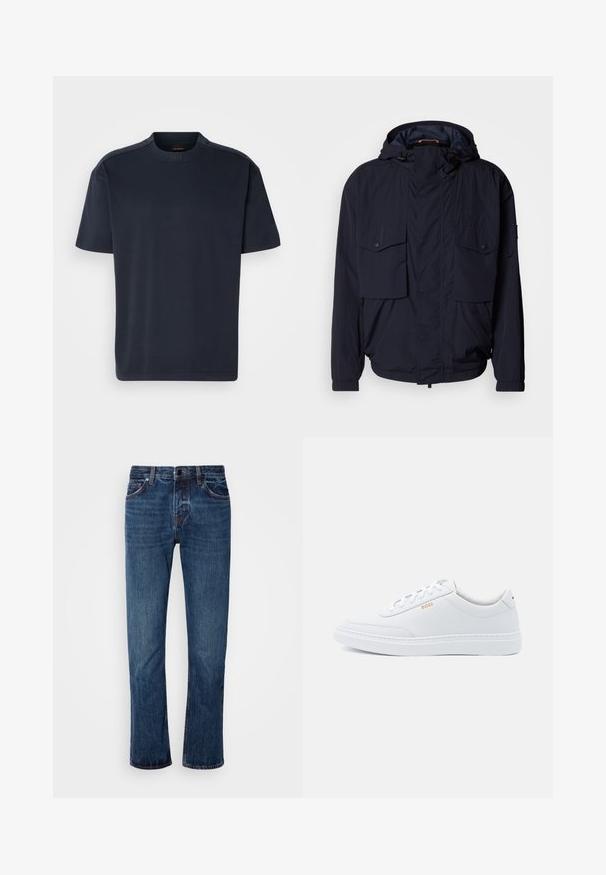 Veste légère bleu marine avec capuche, deux poches à rabat et poignets élastiques. Fabriquée en tissu doux et texturé avec une coupe décontractée.; T-shirt à manches courtes bleu marine en coton doux ; doté d'un col rond, d'une coupe décontractée et d'un logo de marque subtil au niveau du col.; Jean en denim bleu pour homme avec une coupe droite, taille standard, style à cinq poches et décoloration subtile au niveau des cuisses.; Baskets blanches en cuir avec une texture lisse, bout rond et coutures tonales. Possède des lacets bleus et un logo doré sur le côté.