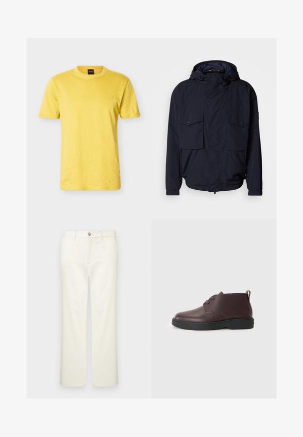 Veste légère bleu marine avec capuche, deux poches à rabat et poignets élastiques. Fabriquée en tissu doux et texturé avec une coupe décontractée.; T-shirt jaune à manches courtes et col rond avec un logo BOSS discret sur la poitrine gauche et une étiquette de col noire.; Pantalon en coton beige à coupe droite, avec poches avant, fermeture par bouton et détails de couture subtils.; Bottine en cuir bordeaux avec un bout rond, deux œillets pour les lacets, semelle noire texturée et une languette au talon.