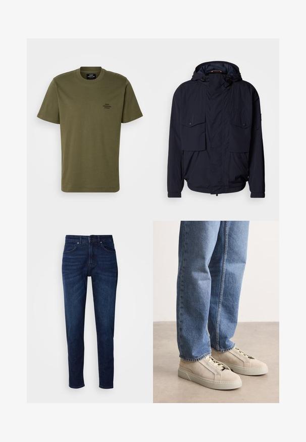 Marineblauwe lichtgewicht jas met een capuchon, twee klepzakken en elastische manchetten. Gemaakt van zachte, geweven stof met een relaxed fit.; Olijfgroen T-shirt met korte mouwen van katoen, met een ronde halslijn en een klein geborduurd logo op de linkerkant van de borst. Glad textuur.; Donkerblauwe denim jeans met een rechte pijpdesign, voorzien van zakken en een knoopsluiting bij de taille. Zachte textuur, minimale vervagingdetails.; BOSS GARYTENN_SDHDEL - Sneakers laag - natural ten