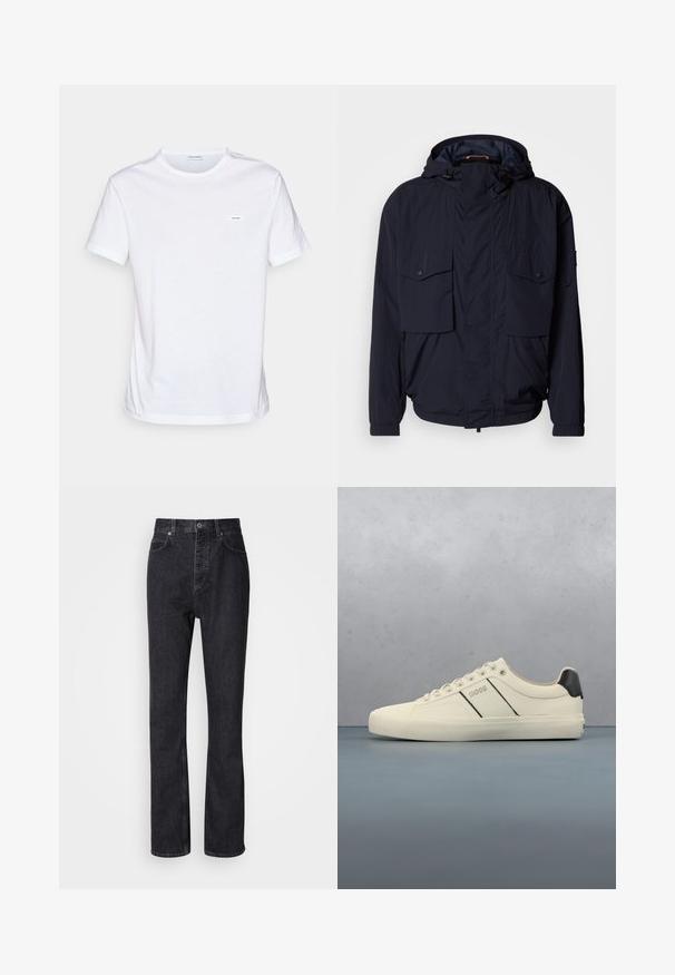 Chaqueta ligera azul marino con capucha, dos bolsillos con solapa y puños elásticos. Fabricada en un tejido suave y texturizado con un corte relajado.; Camiseta blanca de algodón con mangas cortas, cuello redondo y una pequeña etiqueta de marca en el pecho. Textura suave y diseño minimalista.; Jeans de mezclilla negros de cintura alta con cierre de botón y cremallera, bolsillos frontales y traseros, y corte recto.; Zapatillas de color crema con una textura suave, que presentan acentos y marcas en negro. Diseño clásico de cordones con punta redonda y suela de goma.