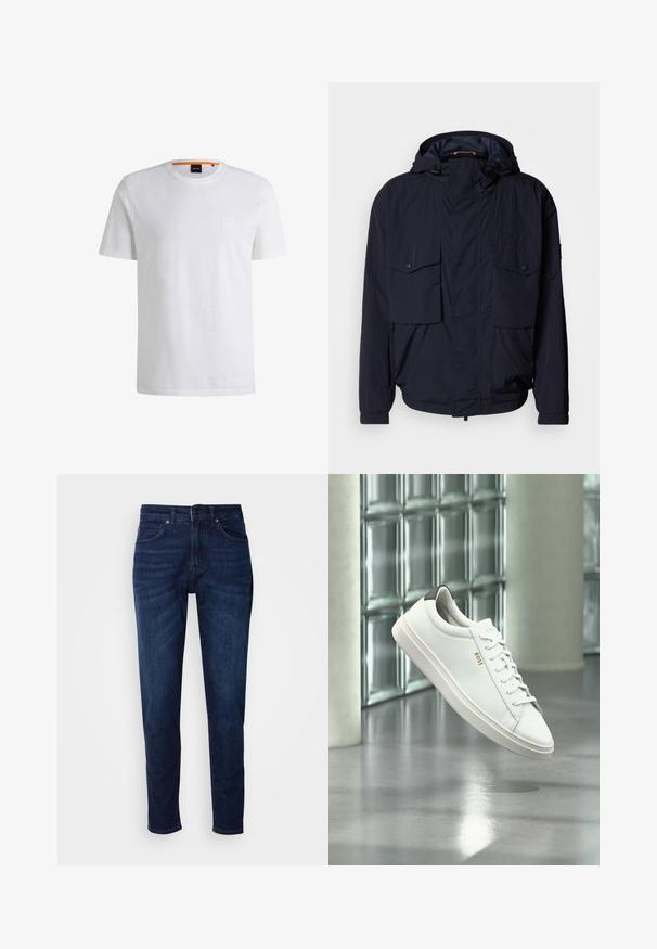 Chaqueta ligera azul marino con capucha, dos bolsillos con solapa y puños elásticos. Fabricada en un tejido suave y texturizado con un corte relajado.; Camiseta de algodón blanca con mangas cortas y cuello redondo. Presenta un sutil parche de logo en el frente y un acento naranja en el cuello.; Jeans de mezclilla azul oscuro con un diseño de pierna recta, que cuentan con bolsillos y un cierre de botón en la cintura. Textura suave, detalles de desvanecimiento mínimos.; Zapatilla deportiva de piel blanca de corte bajo con cordones, lengüeta negra en el talón y logo "BOSS", flotando en interiores cerca de una pared de bloques de vidrio y suelo pulido.