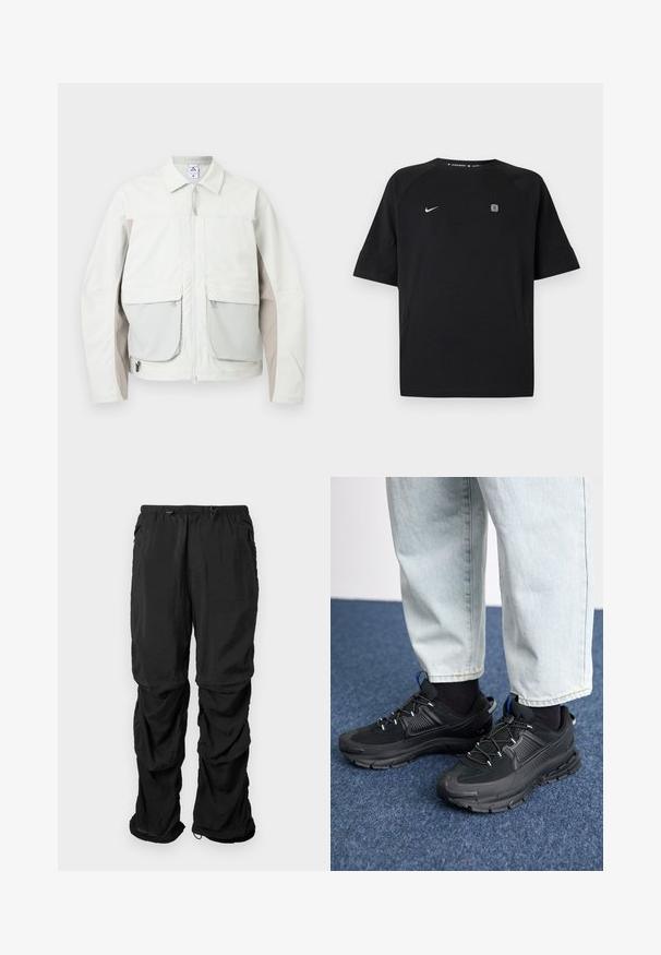 Chaqueta gris clara con cremallera frontal, dos grandes bolsillos delanteros con solapa, paneles laterales beige y cuello estilo camisa.; Camiseta deportiva negra de manga corta Nike con logo swoosh blanco en el pecho izquierdo y pequeño emblema cuadrado en el pecho derecho, fondo liso.; Pantalones de utilidad negros de tejido ligero, con cintura elástica, cordones ajustables y bolsillos laterales, presentan un corte relajado.; Zapatillas deportivas negras con tejido texturizado y suelas de goma, con cordones elásticos y un acento azul en el talón. Combinadas con pantalones de mezclilla claros.