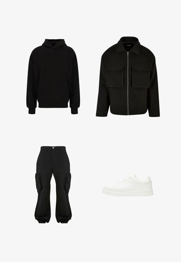 Schwarze Zip-Jacke aus strukturiertem Stoff mit Kragen, ausgestattet mit zwei aufgesetzten Taschen vorne und geradem Schnitt.; Schwarzer Pullover-Hoodie mit einer vorderen Kängurutasche, gerippten Bündchen und Saum. Hergestellt aus weichem Material; hat einen lässigen Schnitt und eine verstellbare Kapuze.; Schwarze Cargo-Hosen mit lockerer Passform, ausgestattet mit zwei seitlichen Cargo-Taschen, elastischen Bündchen an den Knöcheln und einem Knopfverschluss auf der Taille.; Weiße Sneaker mit einem glatten Lederoberteil, flachen Schnürsenkeln und einer dicken Gummisohle. Das minimalistische Design verfügt über subtile Nähte und nahtlose Akzente.