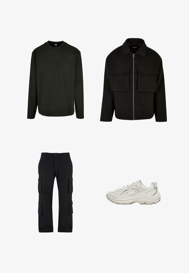 Zwarte zip-up jas van gestructureerde stof met een kraag, voorzien van twee voorzakken en een rechte snit.; Zwarte lange mouwen T-shirt van katoen, met een ronde hals en een rechte zoom. Minimalistisch ontwerp zonder patronen of accenten.; Zwarte cargobroek van katoen, met meerdere zijzakken, een relaxte pasvorm en een rechte pijp.; Witte sneaker met een gestructureerd bovenwerk en een dikke zool. Kenmerken zijn onder andere gebogen lijnen, subtiele grijze accenten en een veterontwerp.