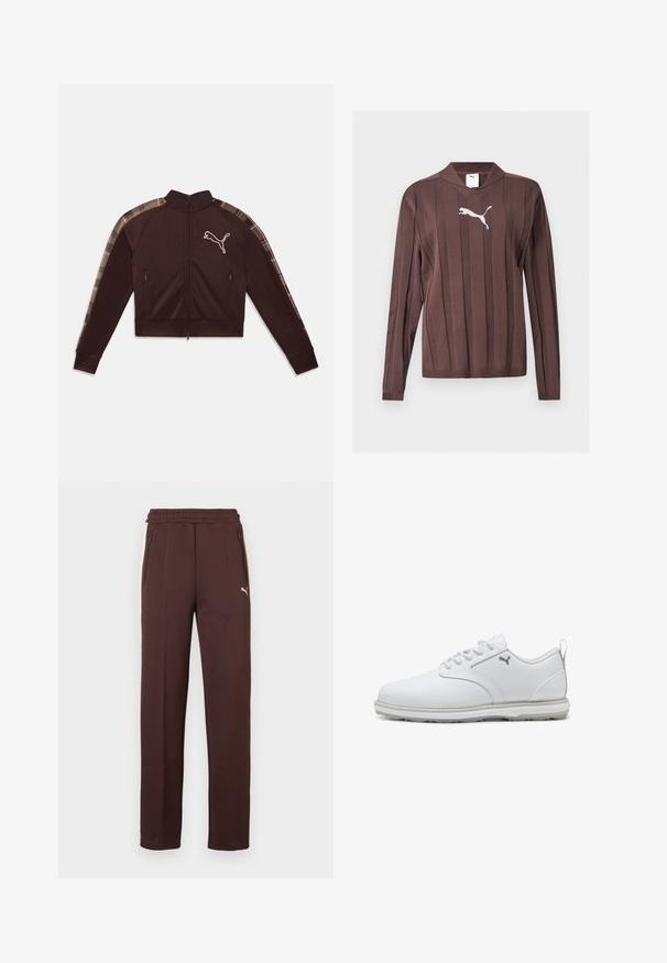Veste marron foncé zippée avec col montant, deux poches zippées à l'avant, bande à carreaux le long des manches et logo Puma blanc sur la poitrine.; Pull marron à manches longues avec des rayures verticales texturées et un logo Puma blanc centré sur la poitrine sur un fond uni.; Pantalon de survêtement marron avec une finition texturée, taille élastique, poches latérales zippées et un logo sur la jambe gauche.; Baskets blanches avec une tige en cuir synthétique lisse, des accents texturés, un col rembourré, et une semelle en caoutchouc offrant une bonne adhérence. Détail de logo argenté.