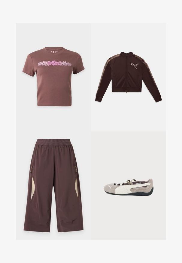 Veste marron foncé zippée avec col montant, deux poches zippées à l'avant, bande à carreaux le long des manches et logo Puma blanc sur la poitrine.; T-shirt marron court avec manches courtes, présentant une rangée horizontale de fleurs d'hibiscus roses et le nom de la marque Roxy au-dessus du motif.; Pantalon marron à jambes larges raccourci avec taille élastique et empiècements latéraux beiges, avec poches zippées de chaque côté.; Ballerine plate en daim brun clair avec logo Puma blanc, bande latérale blanche, sangles élastiques et semelle en caoutchouc noire.