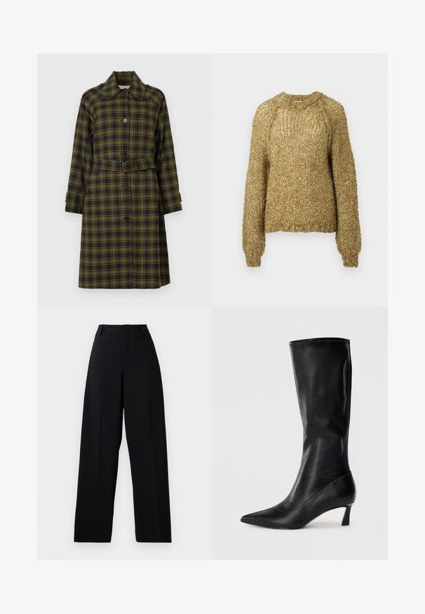 Ternet trenchcoat i sort og gul. Har knaplukning foran, bred krave, bælte i taljen og lange ærmer med manchet detaljer.; Langærmet, struktureret strikket sweater i beigebrun med rund halsudskæring og ribstrikkede manchetter og kant.; Sorte højtaljede vidde bukser med knap- og lynlåslukning, bæltestropper og en ren, glat stoffinish.; Sorte læderknæhøje støvler med spidse tæer og en modest hæl. Glat tekstur og slankt design med subtile syninger.