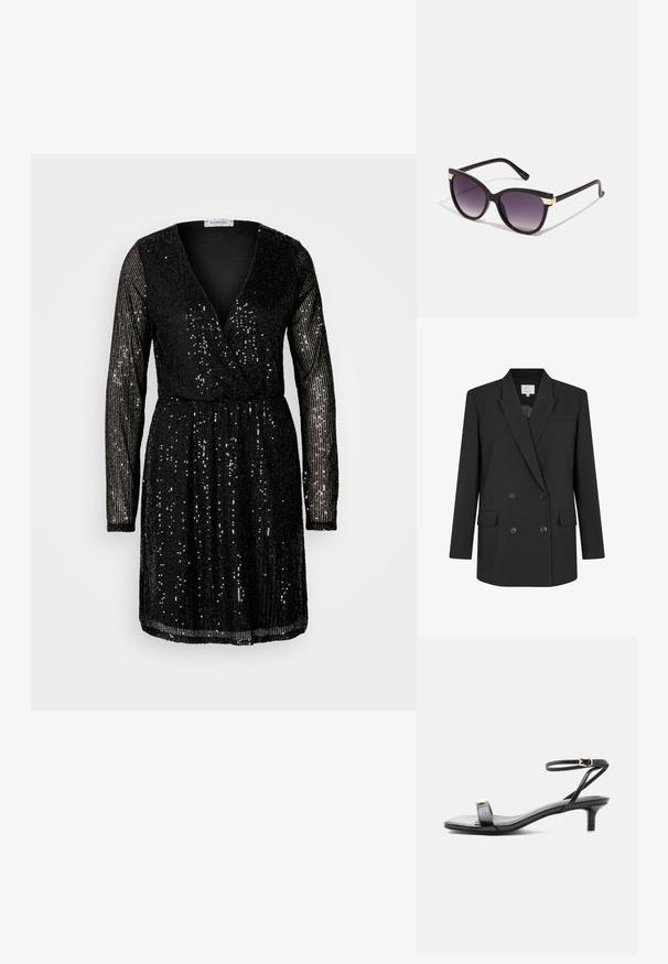 Americana negra de doble botonadura con solapas con muesca, cuatro botones, dos bolsillos delanteros con solapa y un bolsillo de ojal en el pecho, talla pequeña.; Vestido negro con lentejuelas que presenta mangas largas, un escote en V profundo y una cintura ajustada. Las lentejuelas cubren toda la prenda, reflejando la luz.; Sandalia de cuero negro con punta abierta, tacón bajo tipo ‘‘kitten’’, tirante fino en el tobillo con hebilla dorada y detalle decorativo dorado en la tira delantera.; Gafas de sol de estilo gato con montura de plástico negra, esquinas con acentos dorados y lentes degradados de púrpura oscuro a claro. Textura suave, diseño ligero.