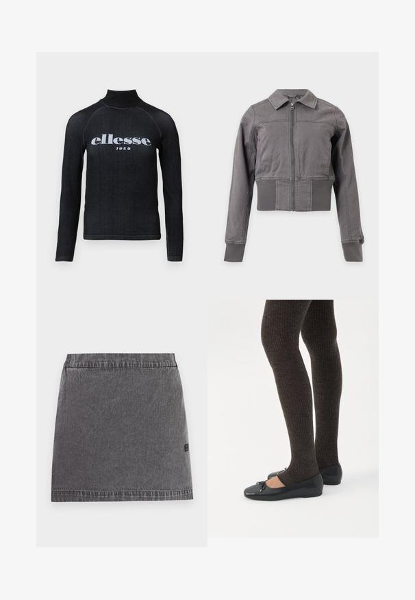 Grå lynlås jakke med krave, lange ærmer og ribstrikkede manchetter og talje, vist på en hvid baggrund.; Sorte langærmet top med høj krave, udstyret med et hvidt trykt "ellesse 1959" logo over brystet; glat, strækbart stof.; Mørkegrå denim mininederdel med lige snit, elastisk talje og subtile syningsdetaljer på ensfarvet baggrund.; Ben iført mørke ribbede leggings kombineret med sorte balletsko med små sløjfedetaljer på hvid baggrund.