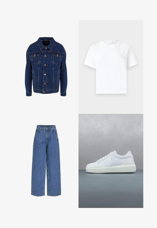 Mørkeblå denimjakke med lange ærmer, knaplukning foran, to brystlommer med klap og kontrastsyet på en hvid baggrund.; Hvid kortærmet bomuld t-shirt med rund halsudskæring og lige kant, vist på en hvid baggrund.; Bredde ben blå jeans med høj talje, lavet af denimstof. Egenskaber inkluderer frontlommer og knaplukning. Klassisk afslappet design.; Hvid lav sneakers med snørebånd og præget "B"-detalje, der svæver over brune stentegl udendørs nær grønne planter.