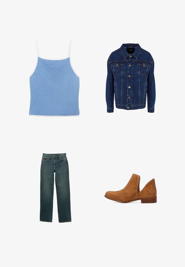 Mørkeblå denimjakke med lange ærmer, knaplukning foran, to brystlommer med klap og kontrastsyet på en hvid baggrund.; Lyseblå strikket tanktop med hvid kant, der har tynde skulderstropper og en tætsiddende design med en glat, tekstureret overflade.; Blå denim jeans med lige ben, fem lommer og guld syninger. Stof har en subtil bleget tekstur.; Brun ruskind lavhælet ankelstøvle med udskæring i siden og rundet tå, vist mod en ensfarvet hvid baggrund.