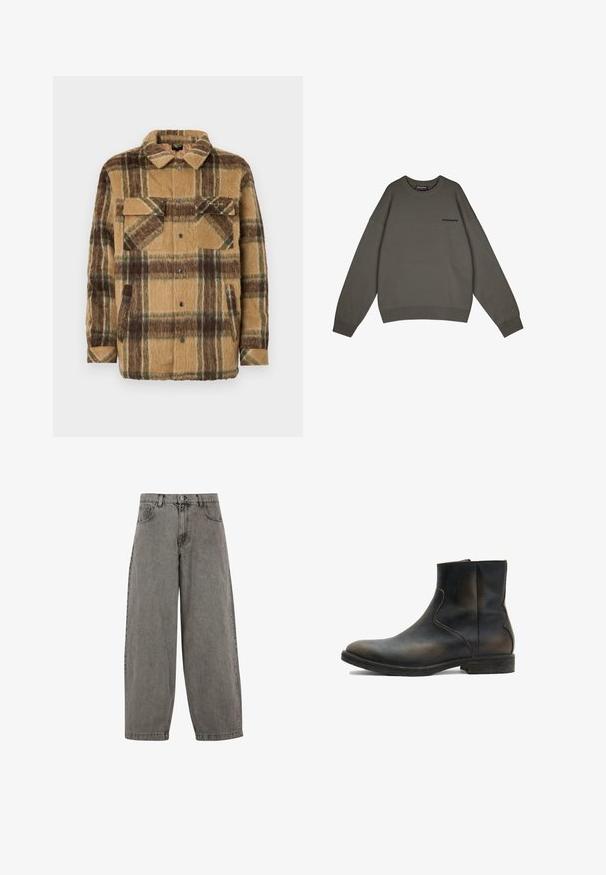 Sean John SCRIPT LOGO OVERSHIRT - Ľahká bunda - brown/dark brown; Pegador LOGO - Svetrík - anthracite; Sivé džínsové nohavice s vysokým pásom, širokými nohavicami, klasickým päťvreckovým dizajnom a zapínaním na gombík vpredu. Mierne štruktúrovaný povrch.; AllSaints LANG - Klasické členkové čižmy - brown