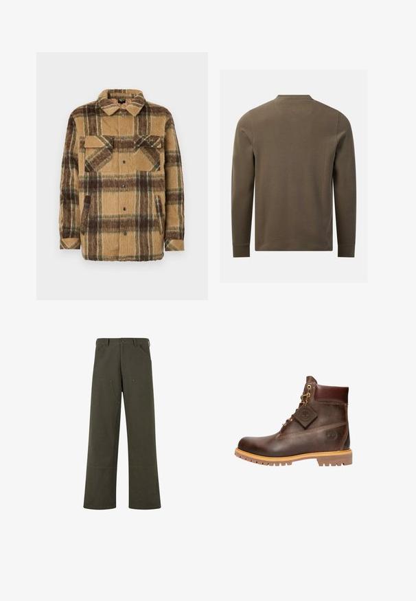 Sean John SCRIPT LOGO OVERSHIRT - Ελαφρύ μπουφάν - brown/dark brown; Πουκάμισο μακρυμάνικο σε χακί πράσινο με υφή, εμφανιζόμενο από πίσω με στρογγυλή λαιμόκοψη και απλά μανσέτες σε λευκό φόντο.; PROHIBITED EAST HAM CARPENTER - Παντελόνι - green; Καφέ δερμάτινο μποτάκι μέχρι τον αστράγαλο με στρογγυλή μύτη, ανθεκτική σόλα, χρυσό εξάρτημα και υφή στην επιφάνεια. Περιλαμβάνει ετικέτα λογότυπου συνημμένη.