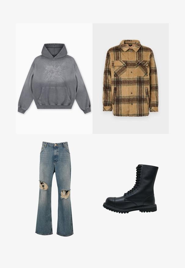 Sean John SCRIPT LOGO OVERSHIRT - Übergangsjacke - brown/dark brown; Grauer Kapuzenpullover mit einer strukturierten Druckgrafik, die "FAVELA Worldwide" und ein Adlerdesign zeigt, Kängurutasche vorne und gerippte Bündchen.; Blaue Jeans aus Denim mit weitem Bein und großen zerrissenen Löchern an beiden Knien, die ausgefranste Kanten und weiße Fäden zeigen.; Schwarze Leder Schnürstiefel mit runder Zehenkappe, hohem Schaft, dicker Gummisohle und texturierter Oberfläche. Enthält verstärkte Nähte entlang der Nähte.