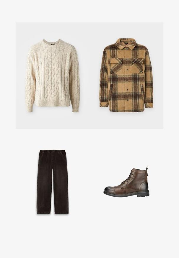 Sean John SCRIPT LOGO OVERSHIRT - Übergangsjacke - brown/dark brown; Cremfarbener Kabelstrickpullover mit Rundhalsausschnitt, strukturiertem Muster und gerippten Bündchen und Saum. Hergestellt aus weicher, dicker Wolle.; Dunkelbraune Cordhosen mit elastischem Bund und geraden Beinen, flach auf einem weißen Hintergrund liegend.; Braune Leder-Ankle Boots mit einer abgerundeten Spitze, Schnürung vorne und einer Schlaufe zum Anziehen hinten. Mit einer robusten Sohle mit Profil für besseren Halt.