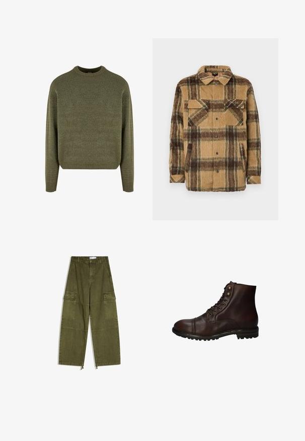 Sean John SCRIPT LOGO OVERSHIRT - Overgangsjakke - brown/dark brown; Grøn uldblandings sweater med rund hals, ribbede manchetter og kant, samt en blød, struktureret finish. Klassisk, afslappet pasform med sænkede skuldre.; Olivengrønne cargobukser med vidde i benene, forlommer med klap, bæltestropper, knaplukning og justerbare snore i kanten.; Mørkebrun læder snørebånd ankelstøvle med robuste gummisål og metaløjer, set fra den ydre side.