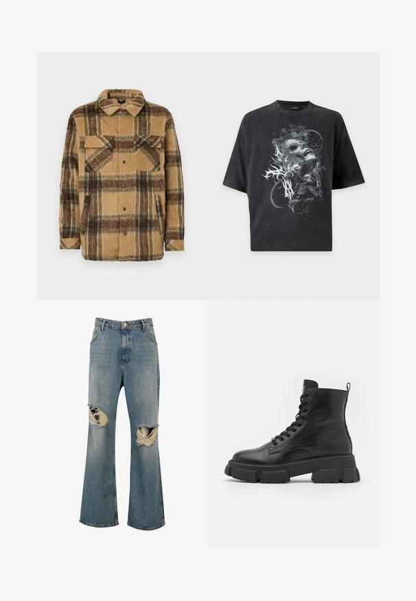 Sean John SCRIPT LOGO OVERSHIRT - Jas - brown/dark brown; Zwart oversized T-shirt met korte mouwen met een grijze abstracte afbeelding van een vervormd gezicht en organische vormen aan de voorkant.; Blauwe spijkerbroek met wijde pijpen en grote gescheurde gaten op beide knieën die rafelige randen en witte draden tonen.; Zwarte leren enkellaarsjes met dikke rubberen zolen, ronde neus en vetersluiting. Voorzien van een treklus en gestructureerde details aan de zijkanten.