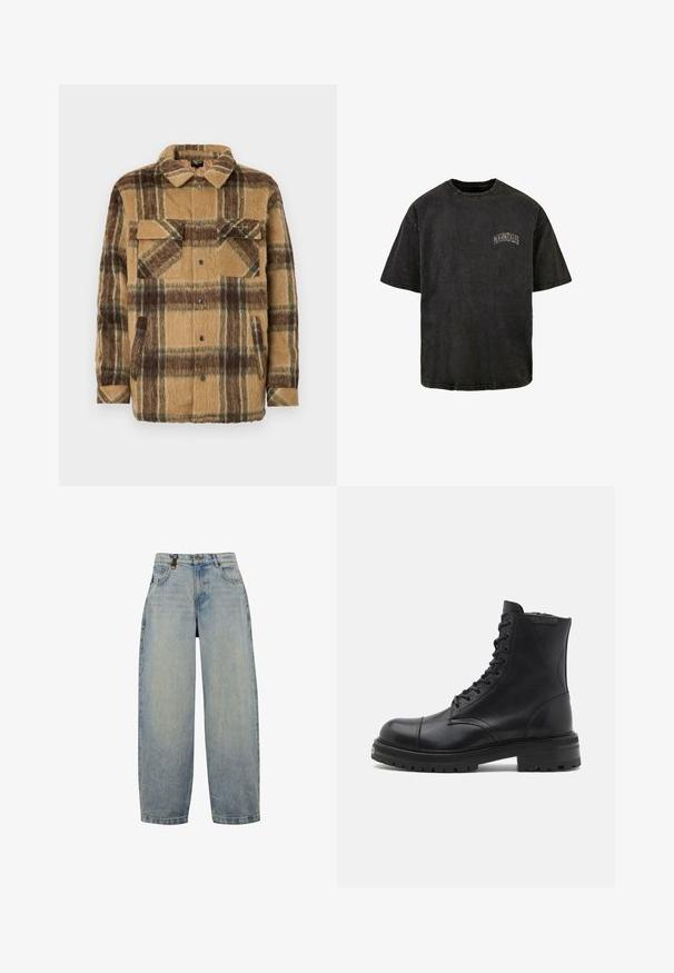 Sean John SCRIPT LOGO OVERSHIRT - Jas - brown/dark brown; Zwarte katoenen t-shirt met een ronde hals, korte mouwen en geborduurd logo op de voorkant van de linkerborst. Heeft een versleten textuur en een ruwe zoom.; Lichtblauwe denim jeans met een ontspannen pasvorm, voorzien van een hoge taille, wijde pijpen, een klassiek vijf-pocket ontwerp en metalen hardware accenten.; AllSaints HANK - Veterboots - black