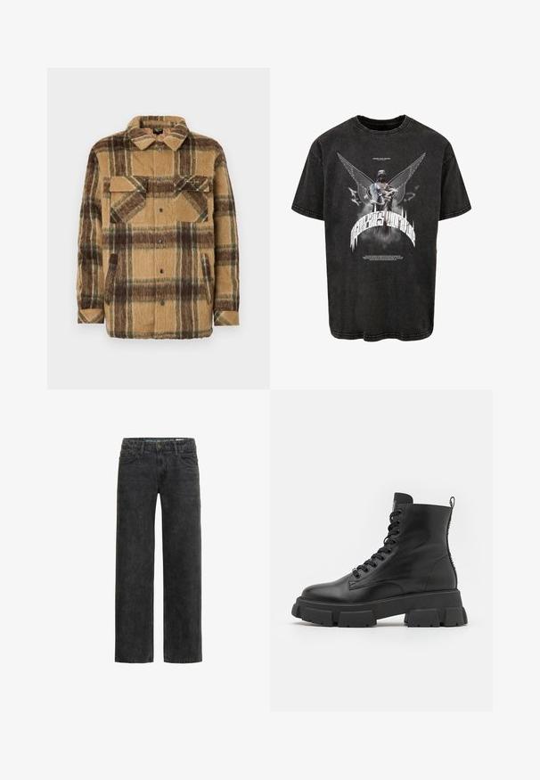 Sean John SCRIPT LOGO OVERSHIRT - Overgangsjakke - brown/dark brown; Sort oversized T-shirt lavet af denim, med et grafisk motiv af en statue med vinger og tekst, samt en let slidt struktur.; Sorte denim jeans med afslappet pasform, lige ben, fem-lomme design og en subtil falmet tekstur. Har knap- og lynlåslukning.; Sorte læder ankelstøvler med tykke gummisåler, rund tå og snørebånd foran. Har en bærehank og teksturerede detaljer på siderne.
