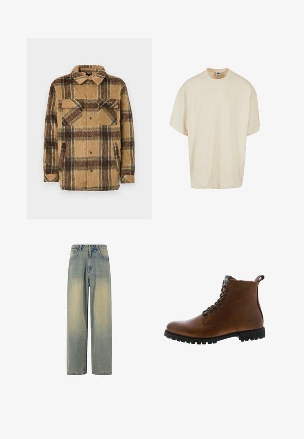 Sean John SCRIPT LOGO OVERSHIRT - Overgangsjakke - brown/dark brown; Cremefarvet t-shirt med korte ærmer, afslappet pasform og rund halsudskæring; lavet af blødt bomuld med subtile syningsdetaljer.; Lyseblå denim wide-leg jeans med en falmet gradient, som har fem lommer og en klassisk talje med bæltestropper.; Brune læder ankelstøvler med tekstureret overflade, metaløjer og sort gummisål. Har en træktab bagpå for nem påtagning.