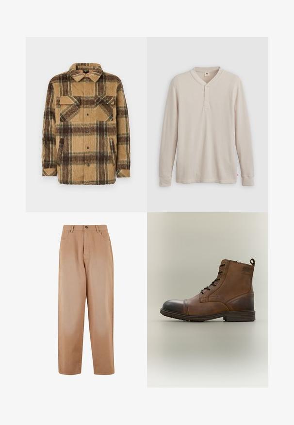 Sean John SCRIPT LOGO OVERSHIRT - Veste mi-saison - brown/dark brown; T-shirt henley à manches longues en tissu côtelé beige clair, avec un col en V, une patte de boutonnage à trois boutons et des manches à poignets. Étiquette logo rouge à l'ourlet.; Pantalons larges beiges en tissu de coton doux. Dotés d'une fermeture à bouton et à glissière à l'avant, de cinq poches et de passants de ceinture.; Botte cheville en cuir marron à lacets avec bout noir, semelle ronde et détail de marque sur le côté sur fond uni.
