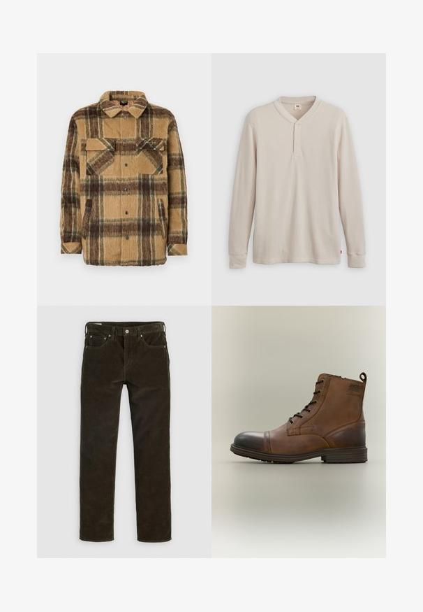 Sean John SCRIPT LOGO OVERSHIRT - Ľahká bunda - brown/dark brown; Pánska dlhá rukávová hennley košeľa z ľahkej béžovej rebrovanej látky, s výstrihom do V, troj.gombíkovou légou a manžetami. Červená logo nášivka na leme.; Hnedé kordové nohavice so strihom priamej nohavice, piatimi vreckami, viditeľným šitím a textúrovaným povrchom. Kovová gombíková léga na páse.; Hnedá kožená členková obuv na šnurovanie s čiernou špičkou, okrúhlou podrážkou a značkovým detailom na boku na jednofarebnom pozadí.
