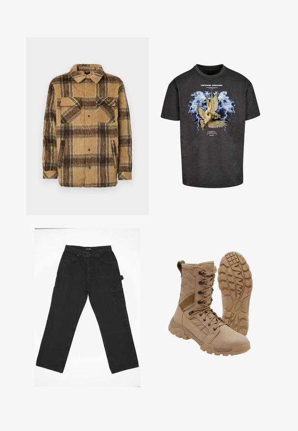 Sean John SCRIPT LOGO OVERSHIRT - Ľahká bunda - brown/dark brown; Čierne bavlnené tričko s grafikou dvoch holubíc na pozadí modrých oblakov a bleskov. Text znie "VINTAGE DREAMS" a "SEASONS 2022."; Čierne denimové nohavice so rovnými nohavicami, ktoré majú predné zapínanie na gombík, zadné vrecká a bočné cargo vrecko.; Hnedá taktická čižma so šnurovaním po členok a robustnou gumovou podrážkou, jedna čižma stojí vzpriamene a druhá ukazuje vzor na podrážke.