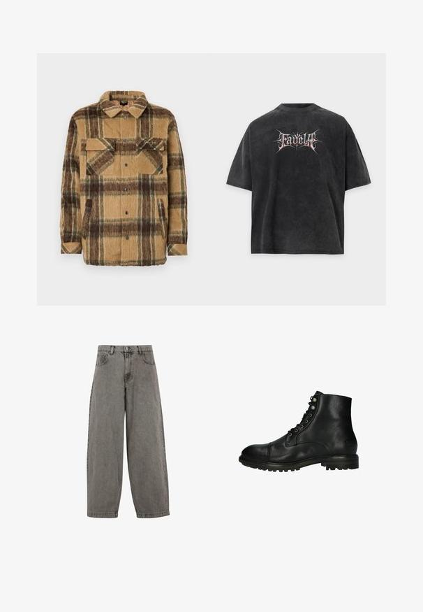 Sean John SCRIPT LOGO OVERSHIRT - Ľahká bunda - brown/dark brown; Čierne oversized tričko s vyblednutou textúrou a štýlovým bielym a červeným textom "Fadella" v strede vpredu.; Sivé džínsové nohavice s vysokým pásom, širokými nohavicami, klasickým päťvreckovým dizajnom a zapínaním na gombík vpredu. Mierne štruktúrovaný povrch.; Čierne kožené členkové topánky s okrúhlou špičkou, šiestimi dierkami na šnurovanie a textúrovanou gumovou podrážkou. Obsahujú jemné prešitie a matný povrch.