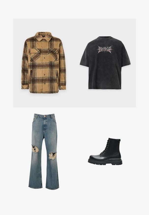 Sean John SCRIPT LOGO OVERSHIRT - Ľahká bunda - brown/dark brown; Čierne oversized tričko s vyblednutou textúrou a štýlovým bielym a červeným textom "Fadella" v strede vpredu.; Modré džínsové nohavice so širokými nohavicami a veľkými roztrhanými dierami na oboch kolenách, ktoré ukazujú ošúchané okraje a biele nite.; Čierna kožená vojenská šnurovacia čižma s hrubou gumovou podrážkou a prešitými detailmi, zobrazená z boku na bielom pozadí.
