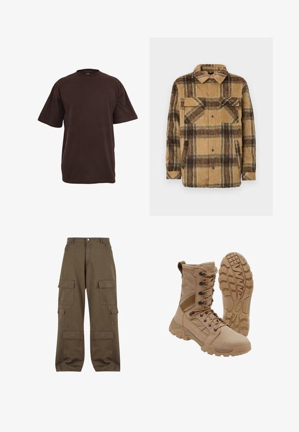 Sean John SCRIPT LOGO OVERSHIRT - Übergangsjacke - brown/dark brown; Braunes Baumwoll-T-Shirt mit kurzen Ärmeln, Rundhalsausschnitt und lockerer Passform. Glatte Textur ohne sichtbare Muster oder Akzente.; Cargo-Hosen aus olivgrüner Baumwolle, ausgestattet mit mehreren Seitentaschen, einem Knopfverschluss und einem entspannten Schnitt.; Brauner taktischer Stiefel mit schnürbarem Knöchel-Design und robuster Gummisohle, ein Stiefel steht aufrecht, der andere zeigt das Profil der Sohle.