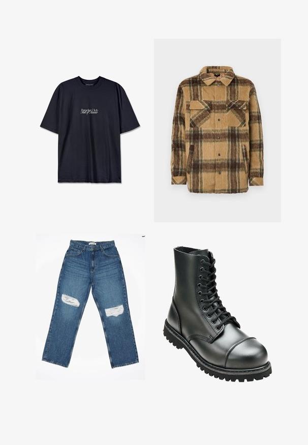 Sean John SCRIPT LOGO OVERSHIRT - Übergangsjacke - brown/dark brown; Schwarzes Baumwoll-T-Shirt mit Rundhalsausschnitt, auf der Vorderseite mit einem weißen Drucklogo "Pescador Club" und "Scent of Summer" versehen. Kurze Ärmel.; Hellblaue Denim-Jeans mit geradem Bein, ausgestattet mit zwei aufgerauhten Knie-Patches und klassischem Fünf-Taschen-Design.; Schwarze Lederkampfstiefel mit hohem Knöchel, runder Zehenpartie, Schnürung vorne und robustem Gummisohle mit tiefem Profil für besseren Grip.