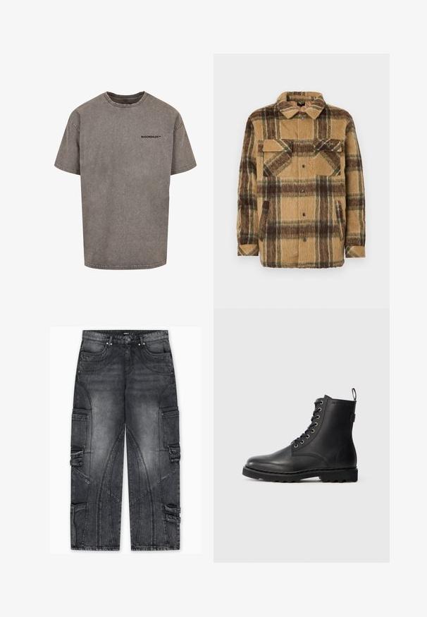 Sean John SCRIPT LOGO OVERSHIRT - Könnyű dzseki - brown/dark brown; Szürke, oversized pamut póló, kopott hatással. Kerek nyakkivágással rendelkezik, és egy kis fekete logó található a mellrészen.; Háromszínű szürke mosott farmer anyagból készült cargo farmer, oldalzsebekkel, egyedi varrásmintákkal, szűkített szárakkal és fém díszítésekkel.; Fekete bőr bokacsizma kerek orral, fűzős dizájnnal és fémből készült lyukakkal. Texturált talppal és húzófüllel a saroknál a könnyű felvétel érdekében.