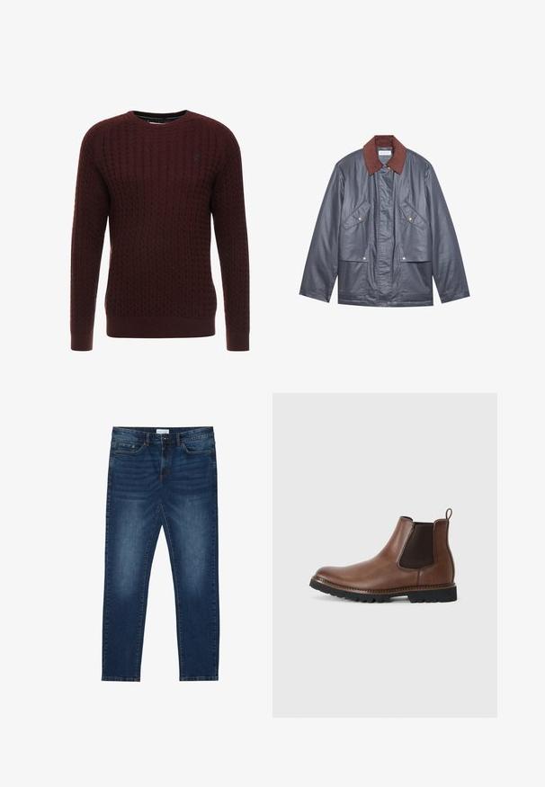 Chaqueta impermeable gris con un cuello de pana marrón, cuenta con dos bolsillos frontales y cierre de botones. Textura suave y corte relajado.; Suéter de punto burdeos con un patrón texturizado, cuello redondo y mangas largas. Presenta puños y dobladillo acanalados. Detalle de logo sutil.; Vaqueros ajustados de color azul oscuro con detalles desgastados, diseño clásico de cinco bolsillos, cierre de botón y presillas para cinturón.; Botín Chelsea de cuero marrón con paneles laterales elásticos, punta redondeada y suela de goma negra texturizada, con acentos de costura marrones.