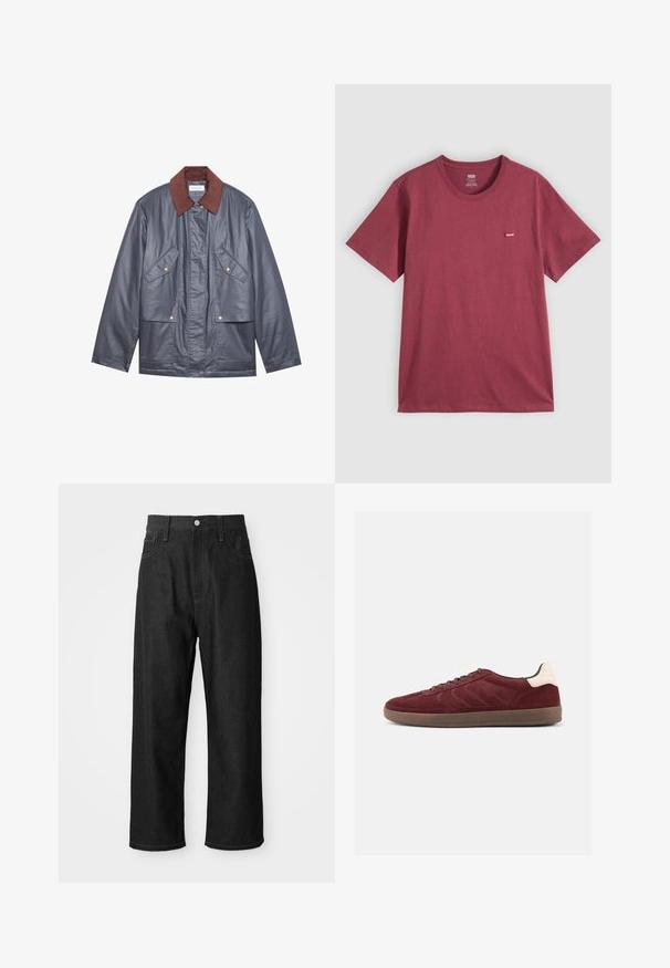 Grijze waterdichte jas met een bruine corduroy kraag, voorzien van twee voorkoffers en een knoopsluiting. Zachte textuur en ontspannen pasvorm.; Effen bordeauxkleurig T-shirt met korte mouwen en ronde hals, met een klein rood Levi's-logo op het linkerbovenstuk.; Zwarte denim broek met een relaxte pasvorm, hoge taille, ritssluiting en vijf-pocket ontwerp. Duidelijke stiksels als accent door het hele ontwerp.; Bordeauxrode suède sneaker met veterband aan de voorkant, gestructureerde zijdetails en een lichtgekleurde hielaccent. Rubberzool met een gladde afwerking.