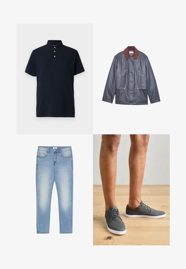 Graue wasserfeste Jacke mit einem braunen Cordkragen, ausgestattet mit zwei Fronttaschen und einer Knopfleiste. Glatte Textur und lässige Passform.; Marineblaue kurzärmlige Polo-Shirt mit Kragen und drei weißen Knöpfen auf der Knopfleiste, vor einem einfarbigen Hintergrund präsentiert.; Helle blaue Denim-Jeans mit regulärer Passform, fünf Taschen-Design, leichter Used-Look an der Vorderseite und geradem Beinabschluss.; Graue Leinensneaker mit einem Lederakzent am Knöchel, weißen Gummisohlen, runder Zehenform und Schnürdesign. Holzfußboden im Hintergrund.
