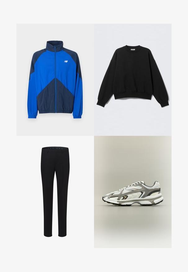Blauw- en donkerblauw sportjack met rits, hoge kraag, elastische manchetten en wit New Balance-logo op de linkerborst.; Zwarte sweatshirt met een losse pasvorm, ronde hals en lange, licht opgeblazen mouwen. Gemaakt van zacht materiaal met geribbelde boorden en zoom.; Zwarte op maat gemaakte broek met een gladde textuur, rechte pijpen en riemlussen. Heeft een klassieke snit en geen zichtbare patronen of accenten.; Sportschoen met een witte mesh bovenkant, grijze accenten, zwarte rubberen zool en een gestroomlijnd ontwerp. Bevat veters en textuurdetails.