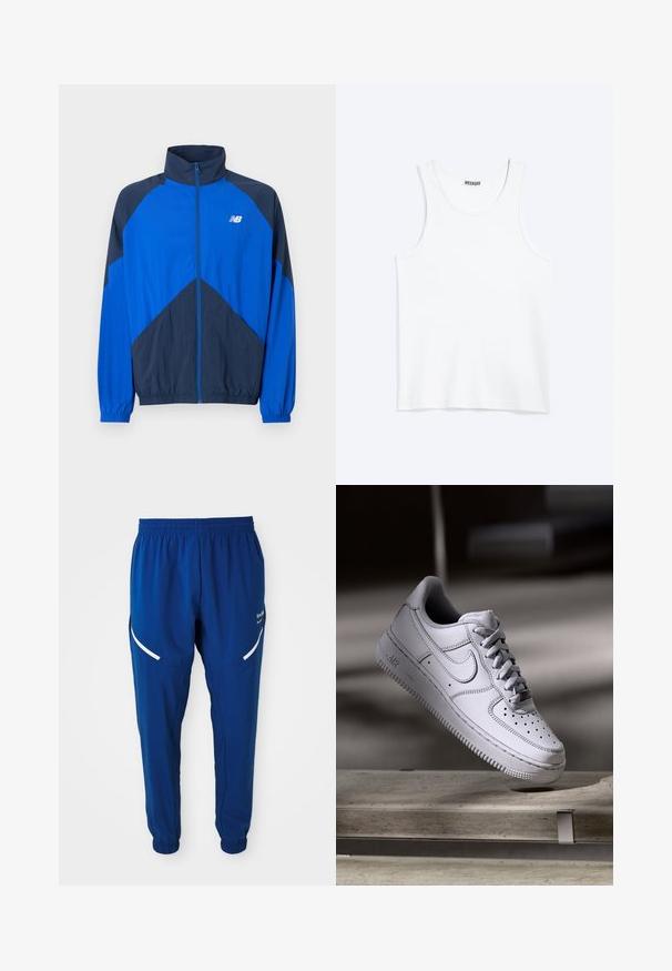 Sinine ja tumesinine tõmblukuga sportlik jakk kõrge krae, elastsete varrukasäärte ja vasakul rinnal valge New Balance'i logoga.; Valge varrukateta topp ümarate kaelusava ja Weekday kaubamärgiga sildiga seespool kaeluse tagaosast, esitatud lamedana heledal taustal.; Kuningad sinised spordipüksid elastse vöökoha ja mansettidega, valged kumerad peegeldavad triibud reitel ja väike valge logo paremal küljel.; Valge nahast Nike Air Force 1 tennisejalanõu, millel on perforatsiooniga varvas, lamedad paelad ja tekstureeritud kummist tallaga, millel on küljele märgitud "AIR".