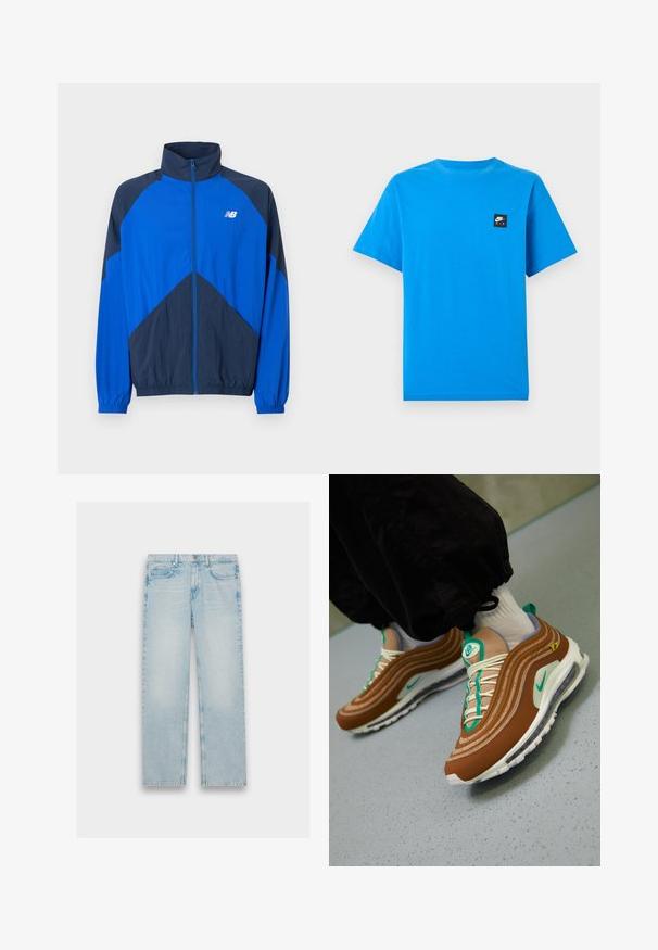 Blauw- en donkerblauw sportjack met rits, hoge kraag, elastische manchetten en wit New Balance-logo op de linkerborst.; Felblauw T-shirt met korte mouwen, ronde hals en een kleine zwarte Nike Air-logo patch op de linkerborst.; Lichtblauwe denim jeans met een recht model, vijf zakken en een vervaagde afwerking. Metaalbeslag en gestikte details zijn zichtbaar.; Bruine Nike Air Max 97 sneakers met een gelaagd ontwerp, teal accenten, witte veters en een zichtbare luchtunit in de zool.