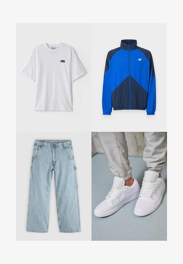 Modrá a tmavomodrá športová bunda na zips s vysokým golierom, elastickými manžetami a bielym logom New Balance na ľavej strane hrudníka.; Biely bavlnený tričko s okrúhlym výstrihom, krátkymi rukávmi a námornícky modrým obdĺžnikovým logom na ľavej strane hrudníka.; Svetlomodré rifle s rovnými nohavicami, prednými vreckami, pútkami na opasok, zapínaním na gombíky a bočnou slučkou na nástroje.; Biele kožené tenisky majú perforovaný špičku, ploché šnúrky, polstrovaný golier a logo Jordana na jazyku. Nosia sa s šedými joggermi.