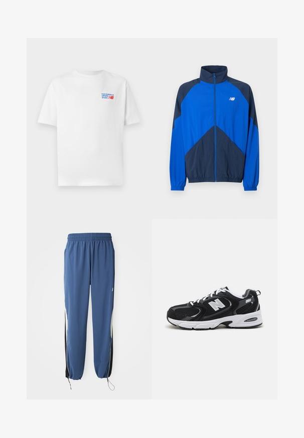 Sinine ja tumesinine tõmblukuga sportlik jakk kõrge krae, elastsete varrukasäärte ja vasakul rinnal valge New Balance'i logoga.; Valge puuvillane T-särk lühikeste varrukatega, vasakul rinnal on sinine ja punane logo. Klassikaline kaelus, mugav lõige, sile tekstuur.; Sinised spordipüksid, millel on elastne valmistusvöö, kitsenev lõige ja mustad külgpaneelid. Omab nööriga sääreotsi ja logo embleemi.; Must värvi ja hallid spordijalatsid, mille ülemine osa on valmistatud võrgust ja nahast, valge vaheosaga, paeltega ja küljel julge "N" logo.