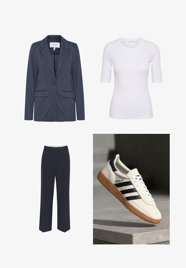 Marineblå stribet blazer med stikkrave, enkelt knap, to forreste lommer og afslappet pasform. Fremstillet af et tekstureret stof.; Hvid ribbet t-shirt med rund halsudskæring og korte ærmer. Stoffet fremstår blødt og strækkeligt, tætsiddende design med en diskret logo detalje.; Mørkeblå bukser med hvide lodrette striber, vide ben, glat stof, bælteløkker og en midtersøm foran for et skræddersyet udseende.; Hvide ruskinds sneakers med marineblå striber, gummisål, struktureret overdel, rund tå og snøring; har branding på siden og tungen.