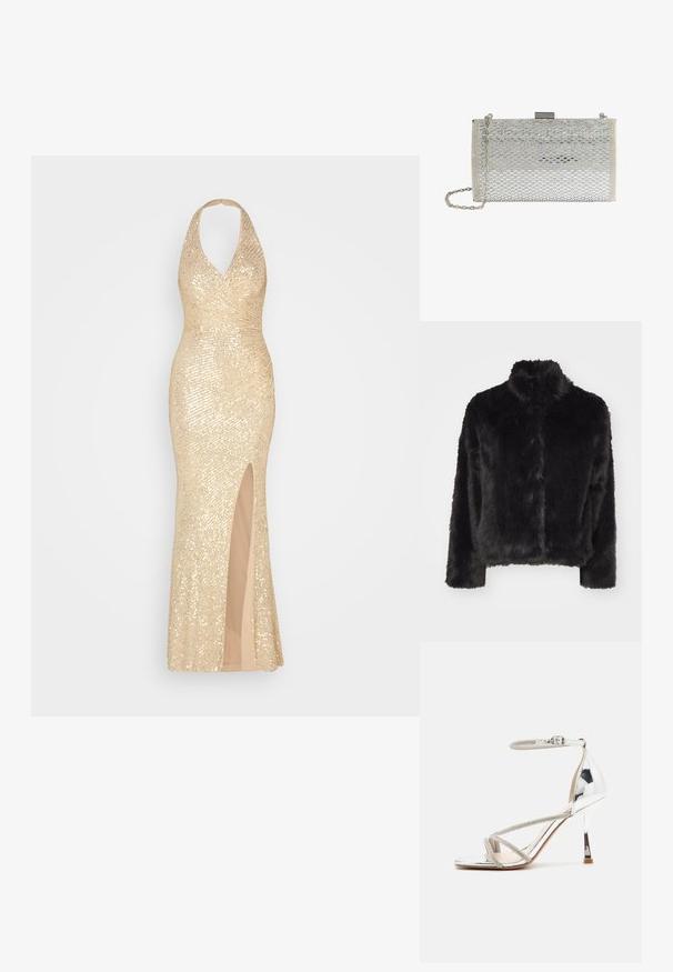 Vero Moda VMMONROE SHORT JACKET - Vinterjakker - black; Guldpaillettenkjole med halterneck, tætsiddende silhuet og slidse op til låret. Glat inderside supplerer det skinnende ydre lag.; Sølv højhælede sandal med en snøredesign, glitrende materiale, rhinsten accenter og en slank ankelrem. Firkantet tå og poleret hæl.; Rektangulær sølv clutchtaske med vævet mønster, metalspænde og tynd kæderem.